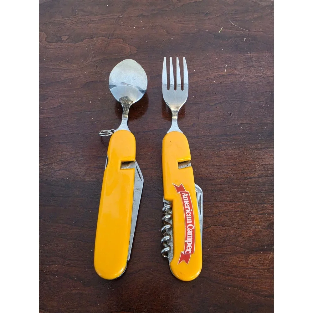 American Camper Multi Tool Hobo Knife Set Yellow Fork Spoon Bottle Opener